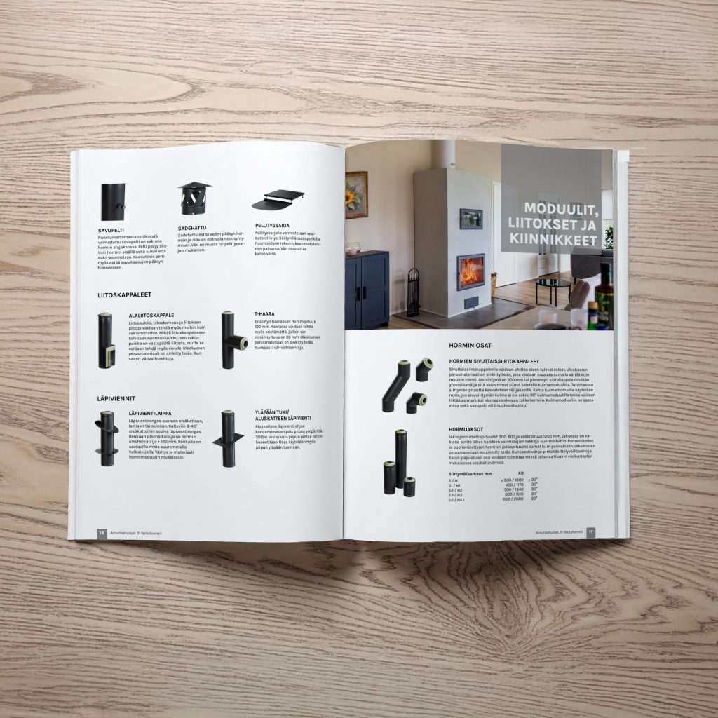 Jalotakan Ainutlaatuiset JT-teräshormit -katalogin aukeama.